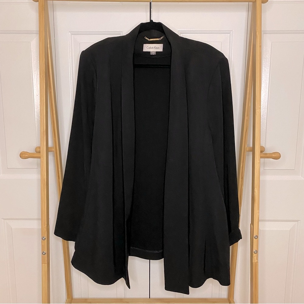 Calvin Klein Black Blazer Draped Open Front, 3X Plus, Shoulderpads, Long Sleeve